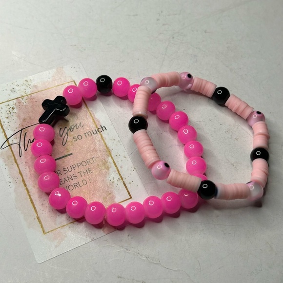 Pink Agate & Evil Eye Bracelet Set - Picture 3 of 3